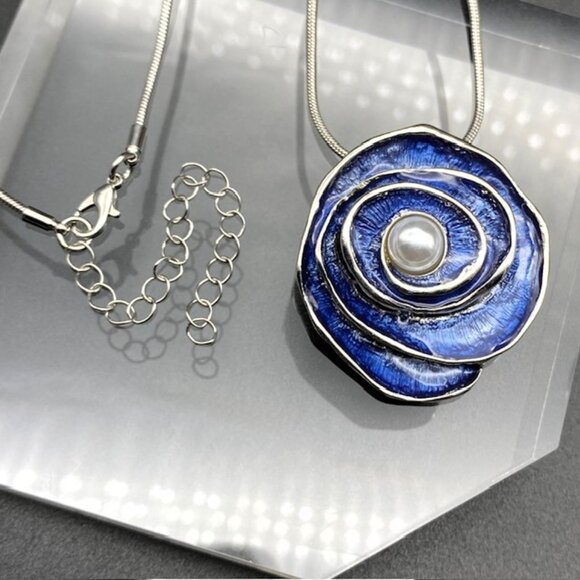 Artisan Blue and Silver Flower Swirl Pearl Accent Pendant Necklace - Picture 3 of 7